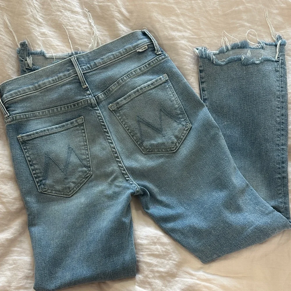 MOTHER Insider Crop Light Blue Distressed Flare Jeans - Picture 4 of 5